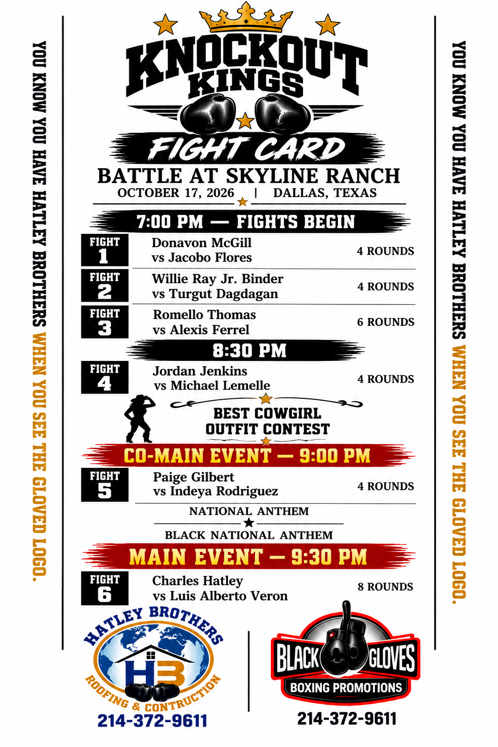 Knockout Kings official fight card: six bouts starting 7:00 PM, main event Charles Hatley vs. Luis Alberto Veron at 9:30 PM